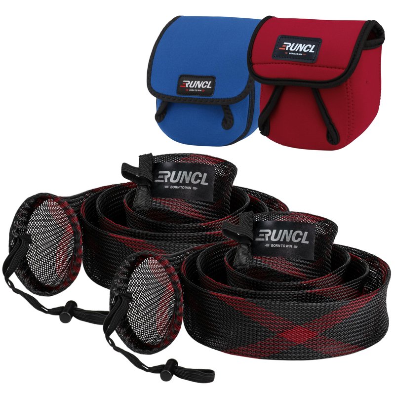 RUNCL Spinning Rod Socks, Fishing Rod Sleeves, Fishing Pole Sleeves (Red&Black, 2pcs) & Spinning Reel Bags, Fishing Reel Covers (2pcs)