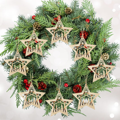 Blulu 12 Pieces Christmas Nativity Scene Ornaments Set Bulk 3D Christian Wooden Hanging Ornament Xmas Tree Nativity Ornaments The Birth of Jesus Story Decor Religious Gift for Family (Star Shaped)