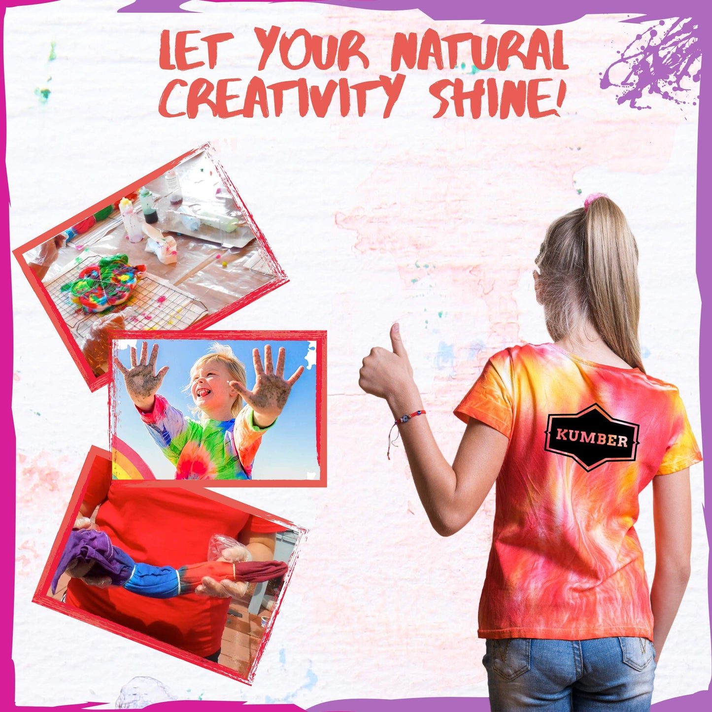 KUMBER Tie Dye Kit Kids - 5 Colours with Extra Dye Powder, Rubber Bands, Gloves and Funnel - Art and Craft Set for Dyeing Clothes, Creative Games & Activities - Suitable for Kids and Adults
