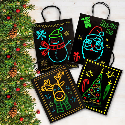 Christmas Holiday Glow-in-The-Dark Gift Bag, 22 Piece 11 Bags of 4 Different Designs, 3 Sizes Large Medium Small, 10 Stickers Labels, 11 White Tissue Papers, Gift Set with Unique Luminous Festive