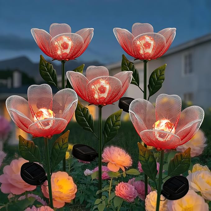Flower Solar Lights for Outside,2 Pack Metal Flower Solar Lights for Outside,Tulip Solar Powered Garden Light Outdoor Decor,Housewarming Ornament for Patio, Lawn, Yard, Pathway (Breathing Light)