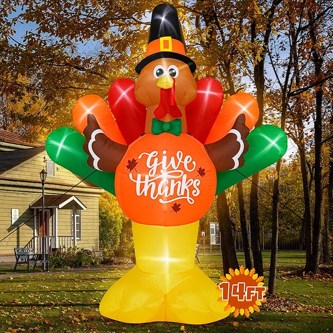 14FT Thanksgiving Inflatables Turkey, Giant Blow Up Turkey with Colorful Tail, Lighted Thanksgiving Outdoor Decorations Give Thanks Turkey Pumpkin for Fall Autumn Harvest Holiday Yard Decor