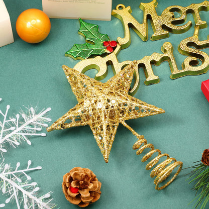 Blulu Christmas Star Tree Topper 6 Inch Glittered 3D Metal Star Treetop Topper Small Christmas Hollow Decoration for Xmas Holiday Party Decoration Indoor(Gold)