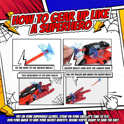 Superhero Web-Slinging Toy Set – 7-in-1 Superhero Set Includes 2 Web Shooters, 2 Hero Masks, 2 Gloves, and 1 Cape – Ideal for Indoor and Outdoor Costume Role-Playing, Imaginative Play for Kids Ages 3+