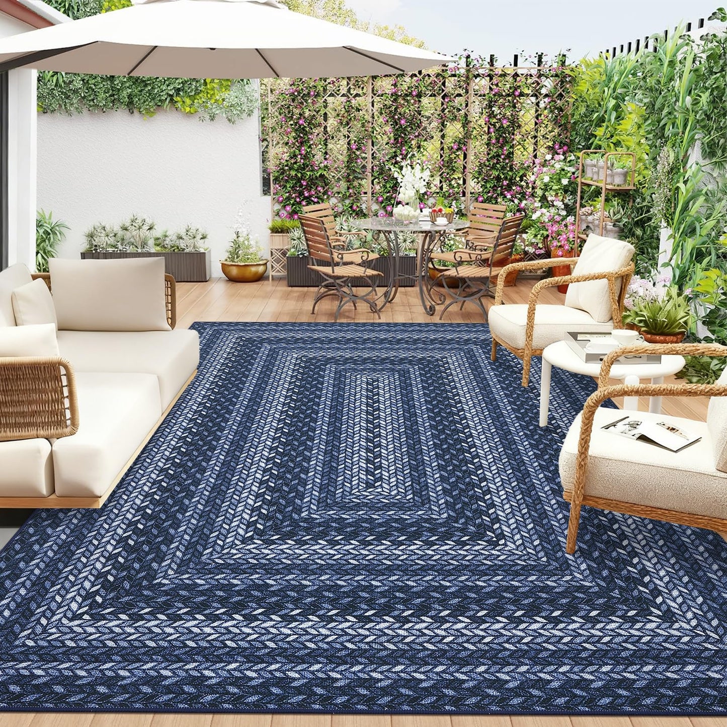 Braided 5x7 Rugs for Living Room Washable Easy Jute Outdoor Patio Rug Non Slip Stain Resistant Modern Bordered Bedroom Throw Carpet Indoor Outdoor Low Pile Area Rugs for Porch Kitchen, Slate/Blue