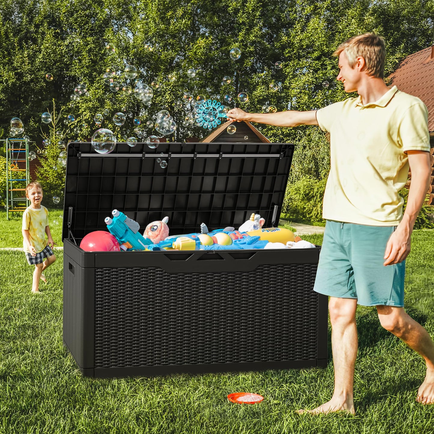 Greesum 100 Gallon Resin Deck Box Large Outdoor Storage with Cushions for Patio Furniture, Garden Tools, Pool Supplies, Weatherproof and UV Resistant, Lockable, Black