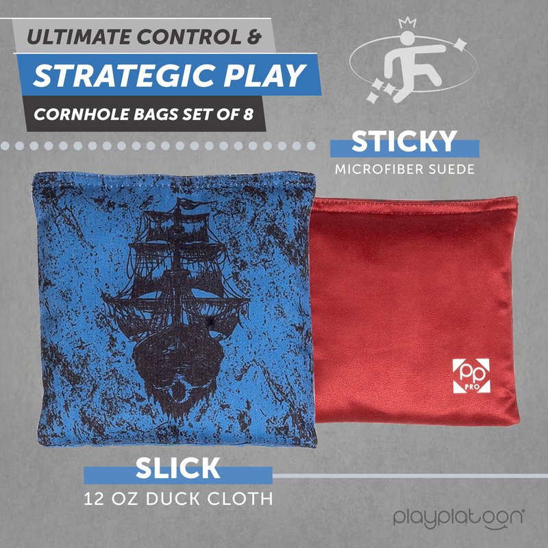 Play Platoon Professional Cornhole Bags Set of 8 - Regulation All Weather Double Sided Pro Corn Hole Bags - Sticky Side/Slick Side for Pro Cornhole Game - Red/Blue Kraken Pirate