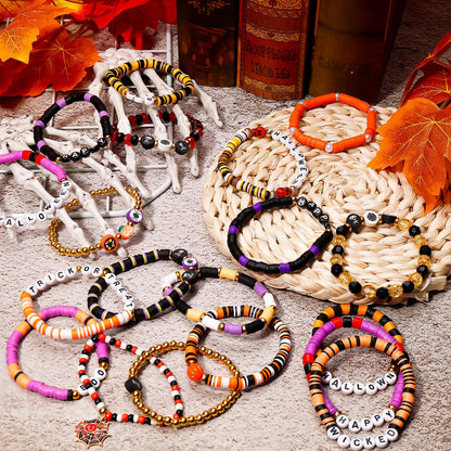 LUYI 48 Pcs Halloween Bracelets for Women Friendship Bracelets Set Colorful Bats Witches Spiders Pumpkins Skulls Beaded Stackable Stretch Clay Bracelets Bulk for Party Jewelry Supplies Holiday Gift