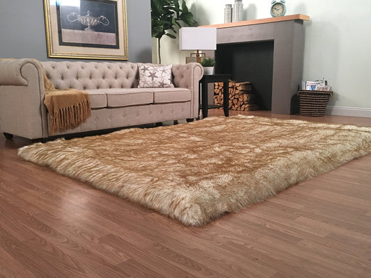 LAMBZY Sheepskin Style Square Rug, Ultra Soft, White/Brown Tips, 2'6"x6’