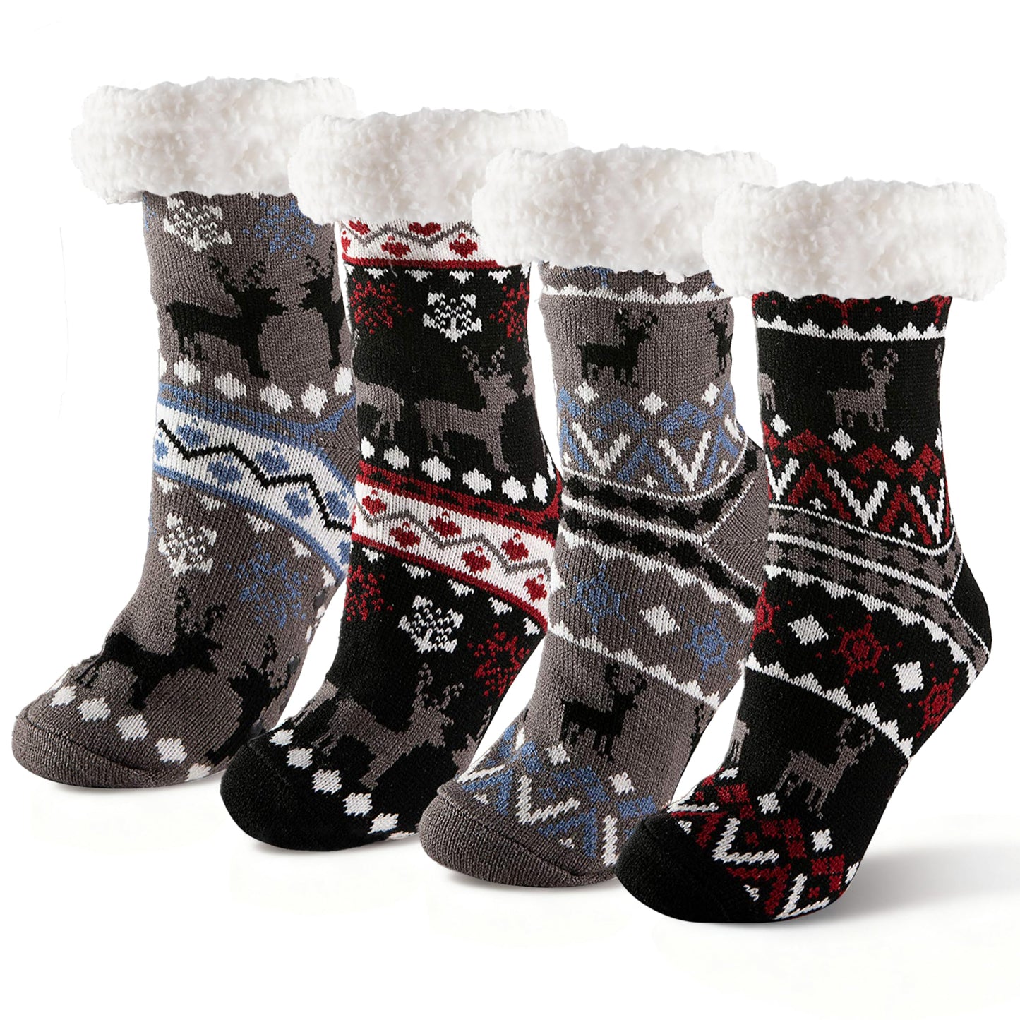 JOYIN 4 PCS Christmas Fuzzy Socks for Men, Soft Crew Socks Deer Patterns for Winter Christmas, Holiday or Birthday Gift