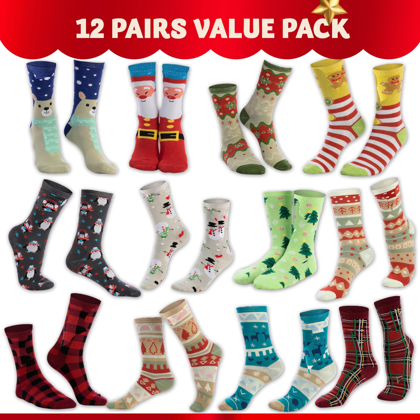 JOYIN 12 Pairs Christmas Socks, Warm Soft Novelty Crew Socks for Winter Christmas, Holiday or Birthday Gift