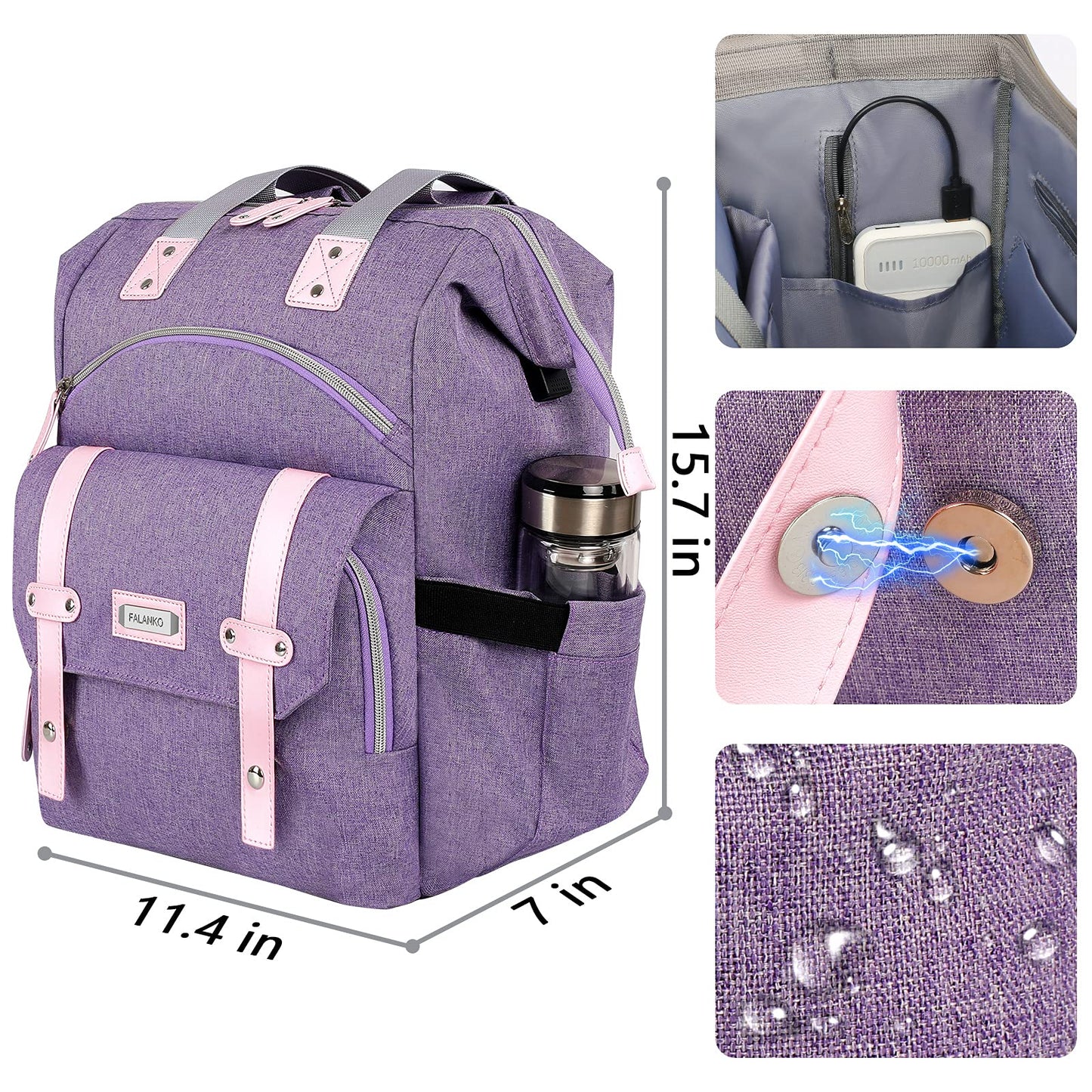 FALANKO Laptop Backpack for Women, Anti Theft Backpacks with USB Charging Port RFID Anti Theft Water Resistant,Wide Top Open Work Teacher College Travel Computer Bag for Woman Fits 15.6 Inch Laptop