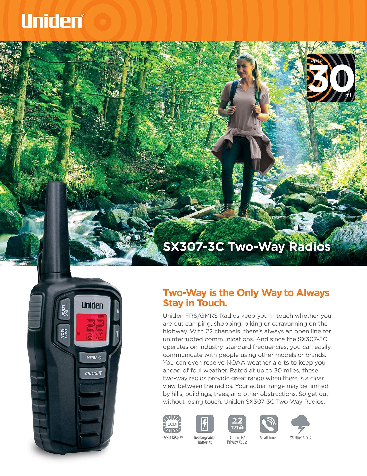 Uniden SX307-3C FRS 3-Pack, Up to 30-Mile Range, Walkie Talkies, 22-Channel FRS 2-Way Radios - Black