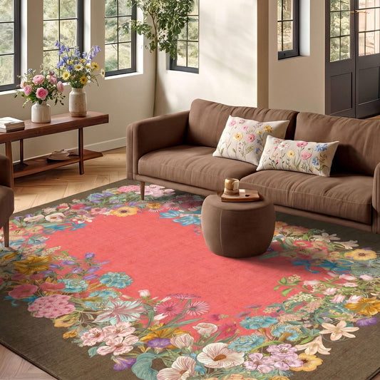 8x10 Floral Area Rug for Living Room Machine Washable Rose Brown Boho Floral Print Carpet Non-Slip Stain Resistant Floor Mat for Bedroom Dining Room Home Office Decor