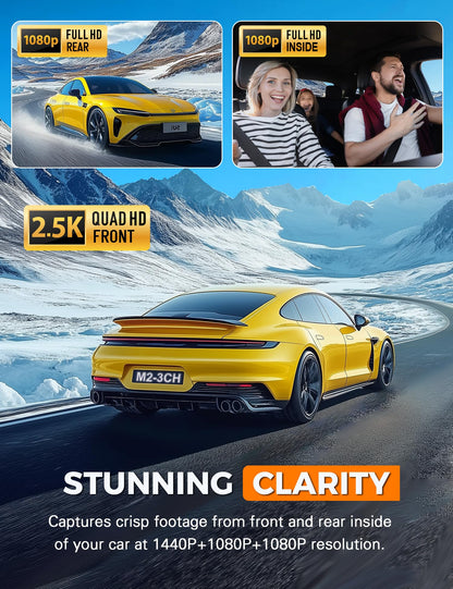 Galphi 3 Channel WiFi Dash Cam Front and Rear Inside with 64GB SD Card, 2.5K+1080P+1080P Car Dash Camera for Cars Front and Rear, Dashcam with G-Sensor, Loop Recording, 24H Parking Mode, Support 512GB