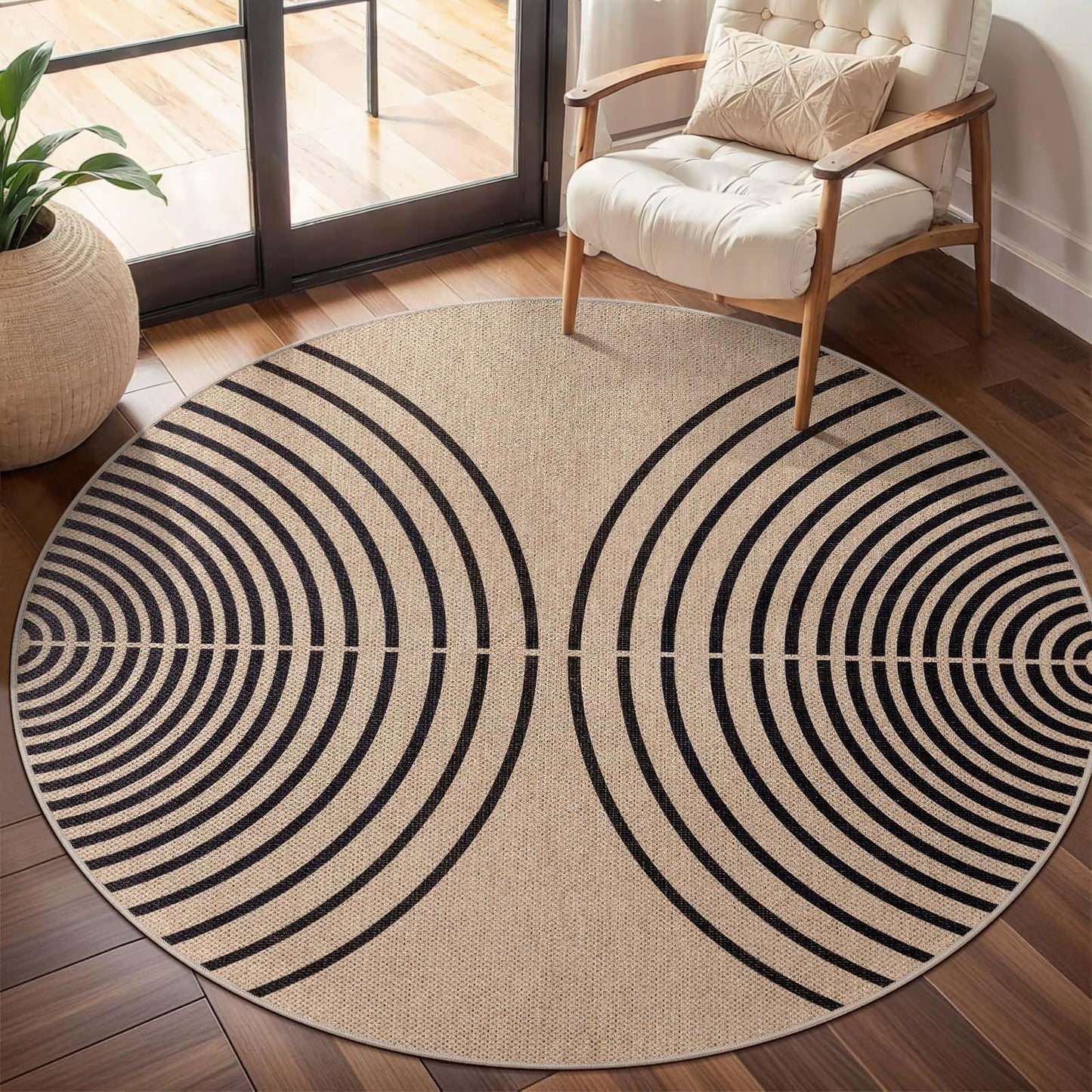 Tangsoo Modern Rainbow Round Rug 4ft Easy Jute Washable Rugs Ultra Thin Black Indoor Outdoor Rug Circle Farmhouse Mat Non Slip Round Carpet for Bedroom Kitchen Entryway Patio
