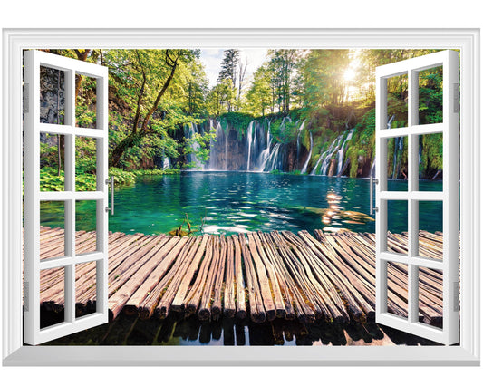 FLFK Fake Window Wall Mural - Waterfalls in The Jungle Faux Window Wall Sticker for Wall Decor, Stick and Peel Wall Decals,80"x60",Set of 5 Sheets
