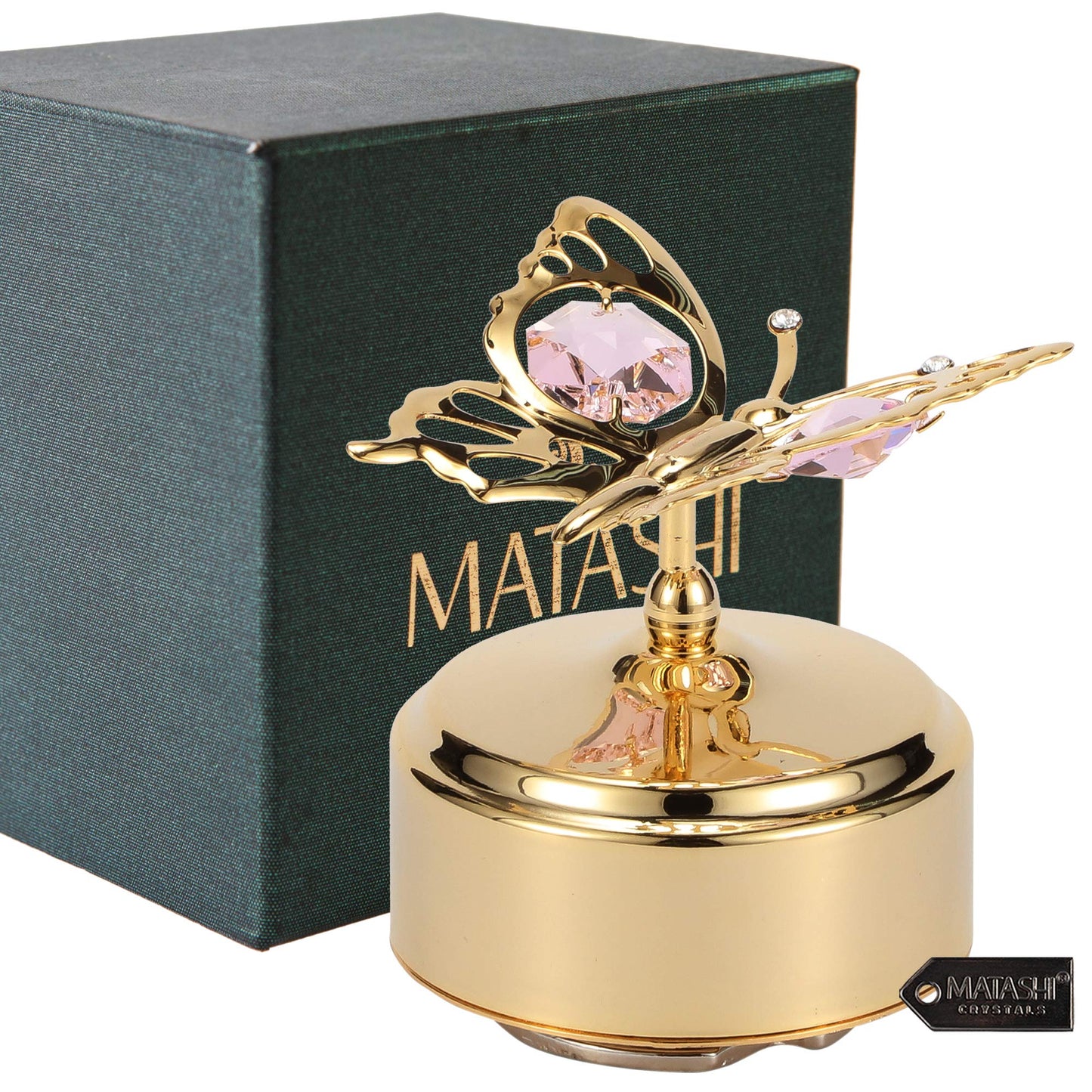 Matashi Christmas Music Box – 24K Gold Plated Butterfly Figurine with Crystals, Plays “Memory” – Elegant Tabletop Showpiece for Christmas, Valentine’s Day, Mother’s Day