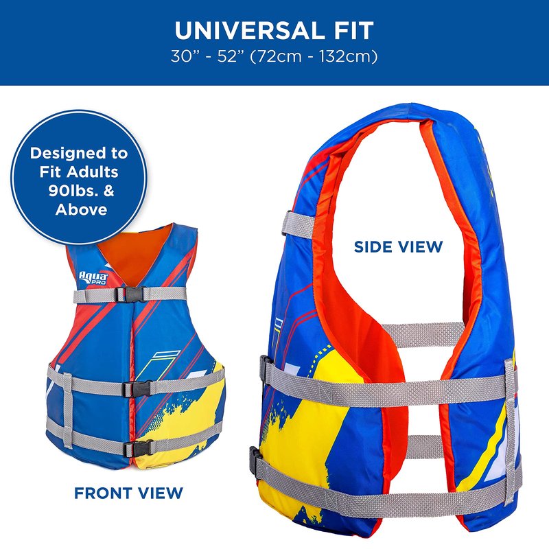 Oceans 7 USCG Universal Fit Adult Sized Life Jacket – Type III PFD Fits Chest Size 30” - 52” – Flexible-Fit Open-Sided Design – Blue/Red/Yellow
