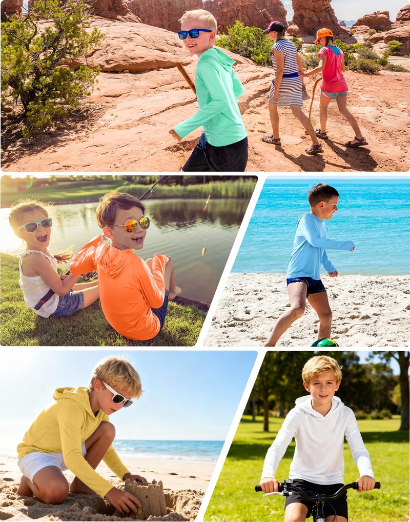 Roadbox Boys Rash Guard Hooded Fishing Shirt, Kids UPF 50+ Long Sleeve Sun Hoodie, Youth UV Protection Beach Swim Shirts