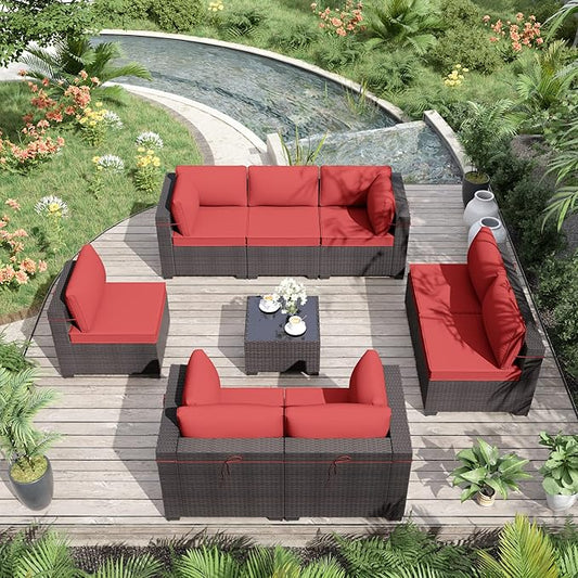 ALAULM 9 Pieces Outdoor Patio Furniture Set Sectional Sofa Sets Brown PE Rattan Patio Conversation Set w/8 Red Seat Cushions and 1 Coffee Table