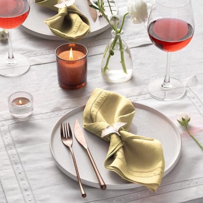 Linen Napkins 18 x 18 inch - 100% Flax Linen Yellow Dinner Napkins with Embroidered Dot 18 x 18 inch - Hemstitch Cloth Napkins Washable for Summer
