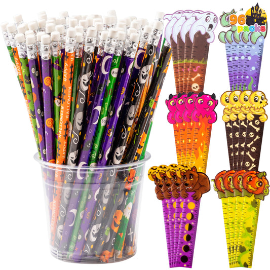 JOYIN 96 Pcs Halloween Pencils and Rulers Stationery Set Included 48Pcs Assorted Pencils with 12 Designs, 48Pcs Halloween Bookmarks Bulk with 6 Patterns for Kids Party Favors Supplies,Non Candy Treats