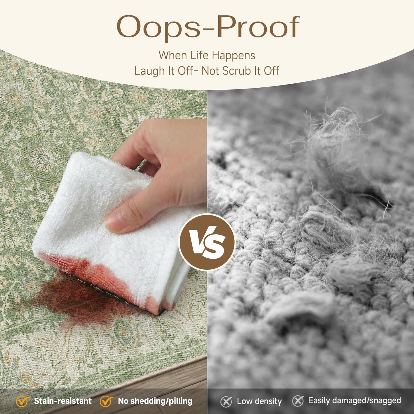 WondRg 6x9 Washable Area Rug for Living Room Bedroom Green Low Pile Non Slip Rug Neutral Distressed Carpet Dining Room Classroom Playroom Home Decor
