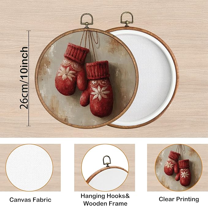 KSDUT Vintage Winter Wall Decor Art - Snowy Gloves Wall Art Canvas Frame Hanging Prints, Retro Xmas Forest Woodland Wild Animal Round Wall Art Decor for Home Farmhouse Decorations 10"x10"