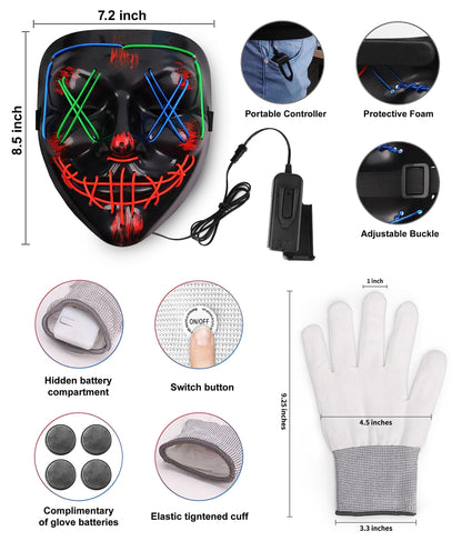 Halloween Mask Skeleton Gloves Set, Light Up Scary LED Mask with Glow Gloves, Halloween Costumes for Boys Girls, Redbluegreen