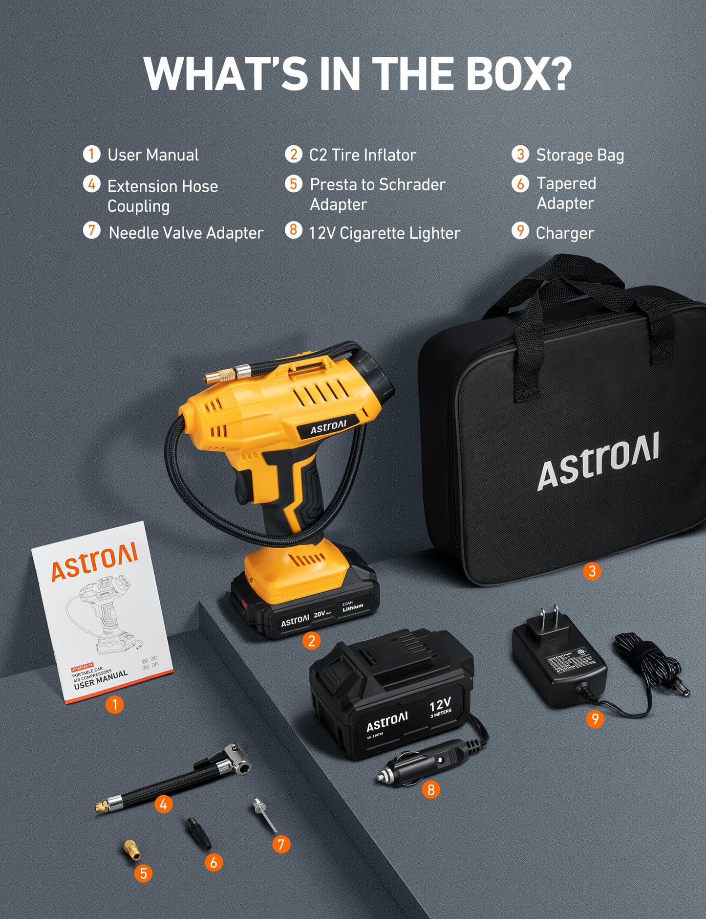 AstroAI Cordless Tire Inflator Air Compressor 20V Rechargeable Battery Powered 160PSI Portable Air Pump with 12V Car Power Adapter Digital Pressure Gauge for Cars Motorcycles JY16P160-18（C2）Yellow