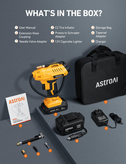 AstroAI Cordless Tire Inflator Air Compressor 20V Rechargeable Battery Powered 160PSI Portable Air Pump with 12V Car Power Adapter Digital Pressure Gauge for Cars Motorcycles JY16P160-18（C2）Yellow
