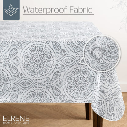 Elrene Home Fashions Savannah Boho Paisley Water and Stain Resistant Vinyl Indoor/Outdoor Tablecloth with Flannel Backing, 52"x52" Square, Gray