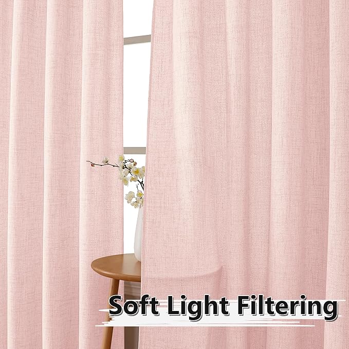 Tollpiz Short Linen Curtains Living Room Rod Pocket Semi Sheer Curtain Burlap Light Filtering Thick Linen Drapes for Bedroom, 54 x 54 inches Long, Pink, Set of 2 Panels