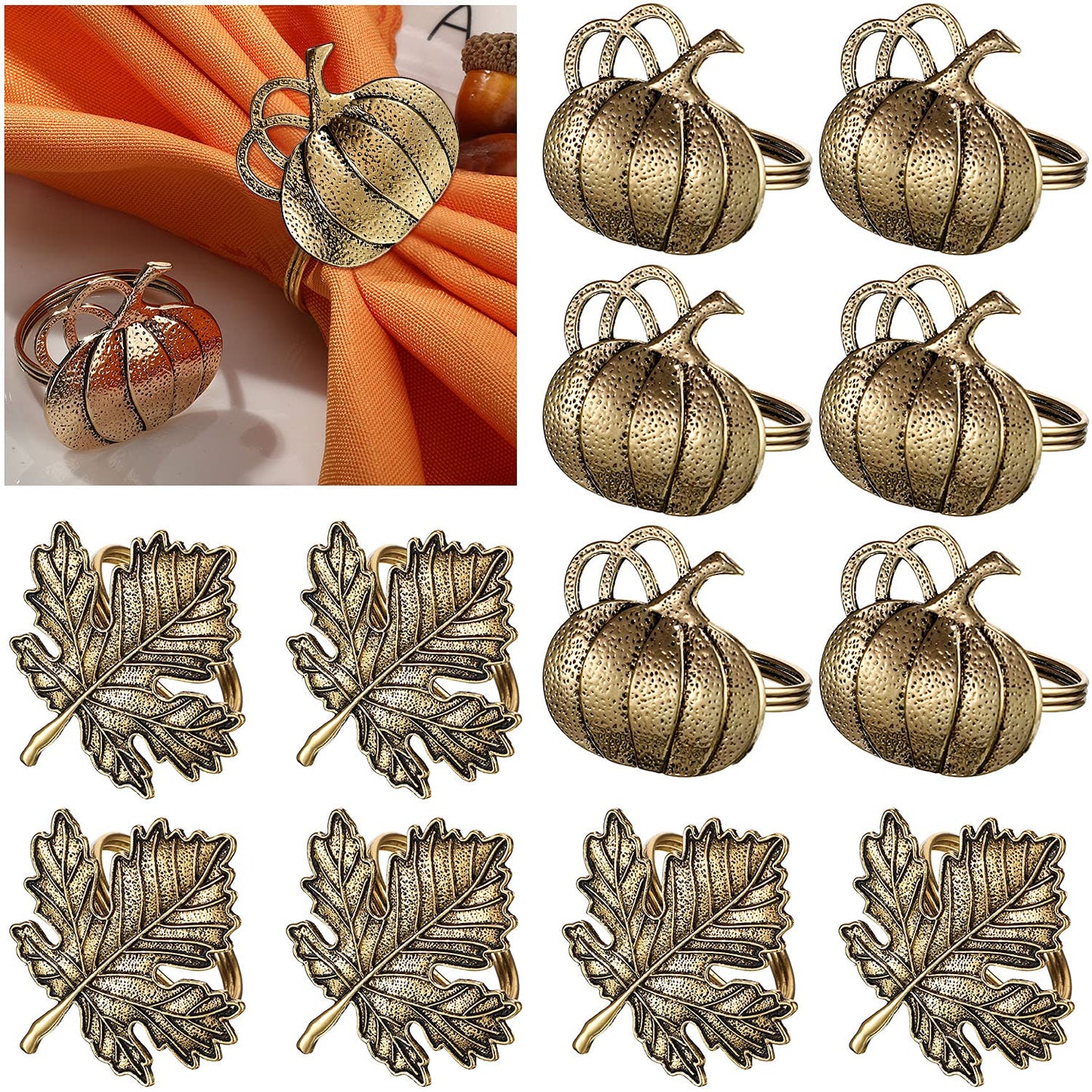 Patelai 12 Pieces Thanksgiving Napkin Ring Set Pumpkin Maple Leaf Fall Leaf Rings Halloween Napkin Holders Ring Kit for Thanksgiving Halloween (Maple and Pumpkin,Bronze)