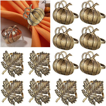 Patelai 12 Pieces Thanksgiving Napkin Ring Set Pumpkin Maple Leaf Fall Leaf Rings Halloween Napkin Holders Ring Kit for Thanksgiving Halloween (Maple and Pumpkin,Bronze)