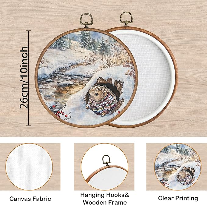 KSDUT Vintage Winter Wall Decor Art - Snowy Hedgehog Wall Art Canvas Frame Hanging Prints, Retro Xmas Forest Woodland Wild Animal Round Wall Art Decor for Home Farmhouse Decorations 10"x10"