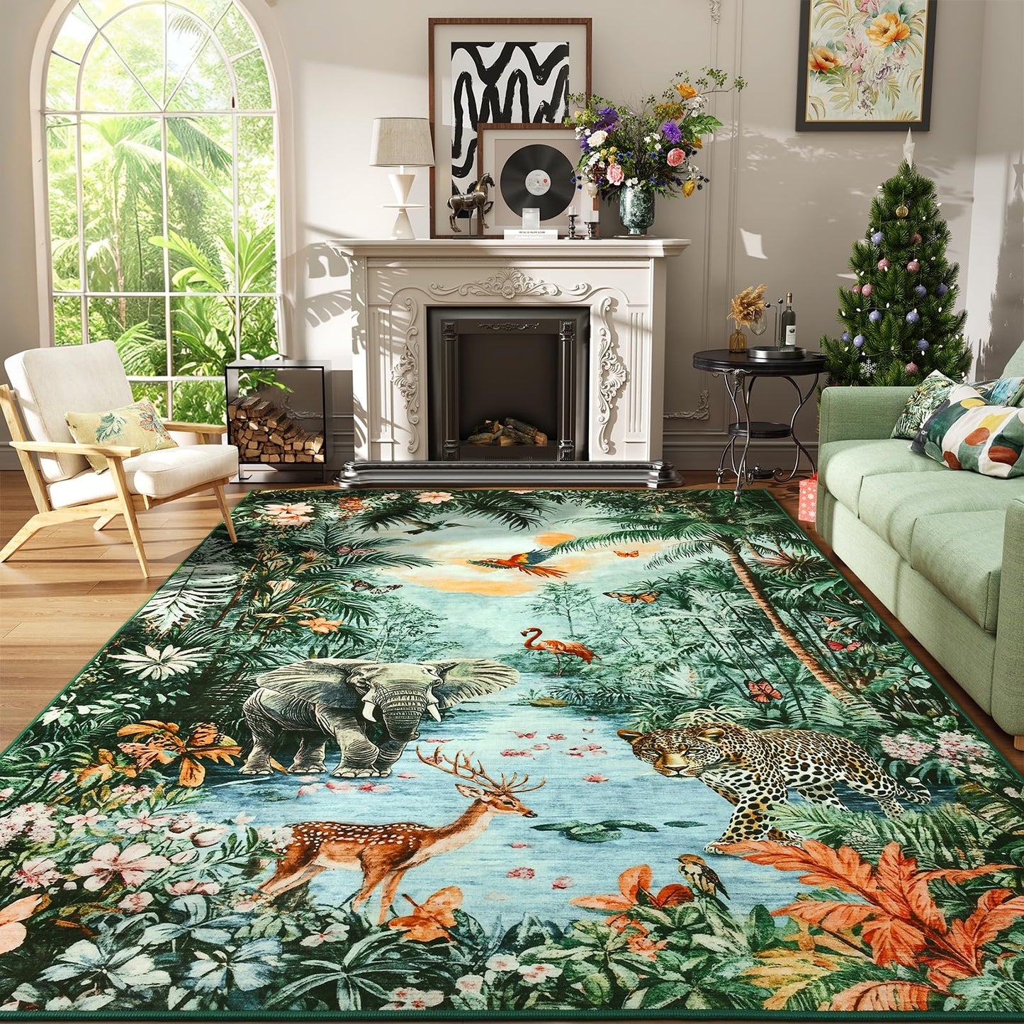 Amearea Jungle Print 5x7 Area Rug for Living Room, Washable Green Rugs for Bedroom, Forest Animal Rug Low Pile Kids Nursery Room Rug, Leopard Rugs Carpet for Boys Girls Playroom Dining Room Decor