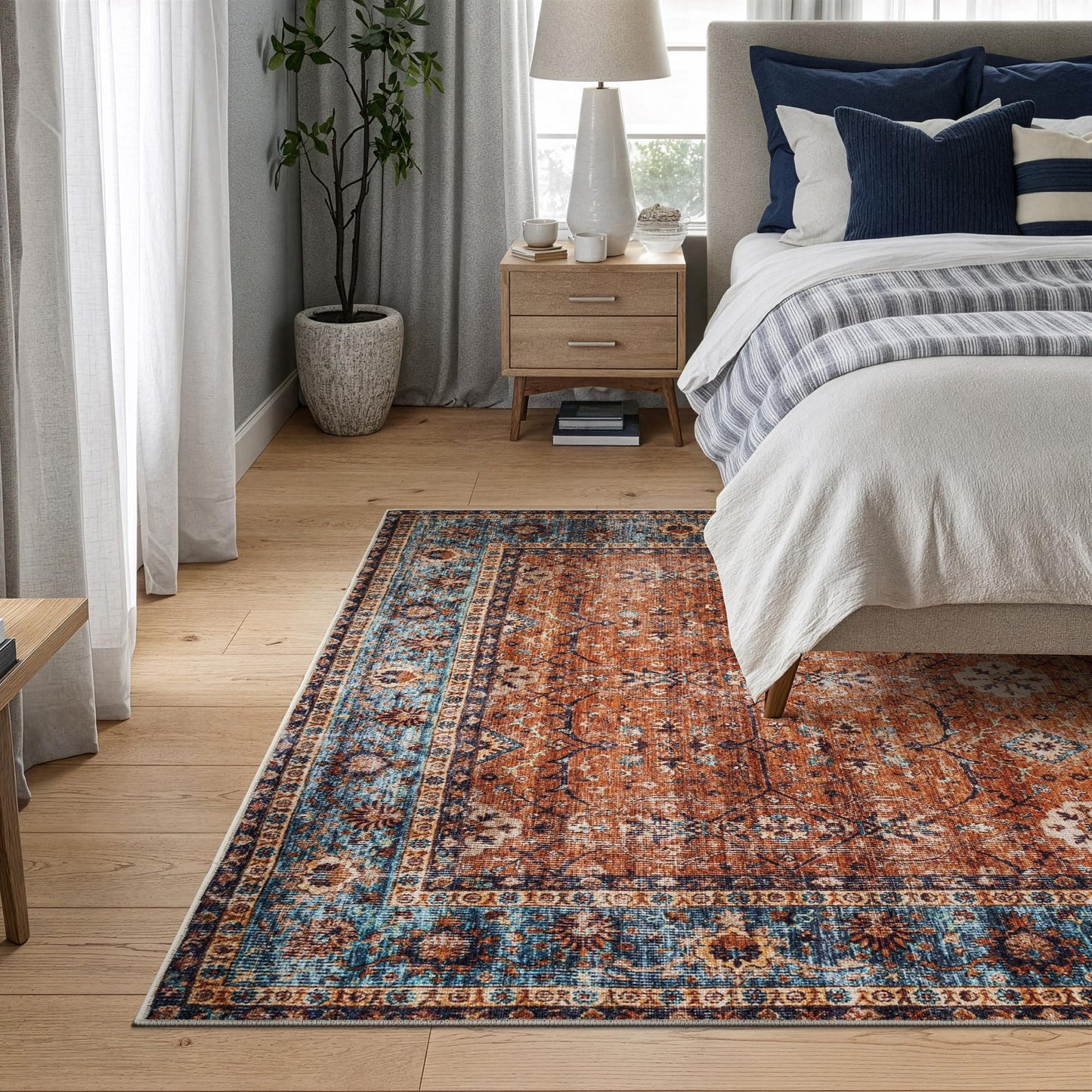 Bloom Rugs Washable Non-Slip 5' x 7' Rug - Orange/Teal Blue Traditional Bordered Area Rug for Living Room, Bedroom, Dining Room, and Kitchen - Exact Size: 5' x 7'