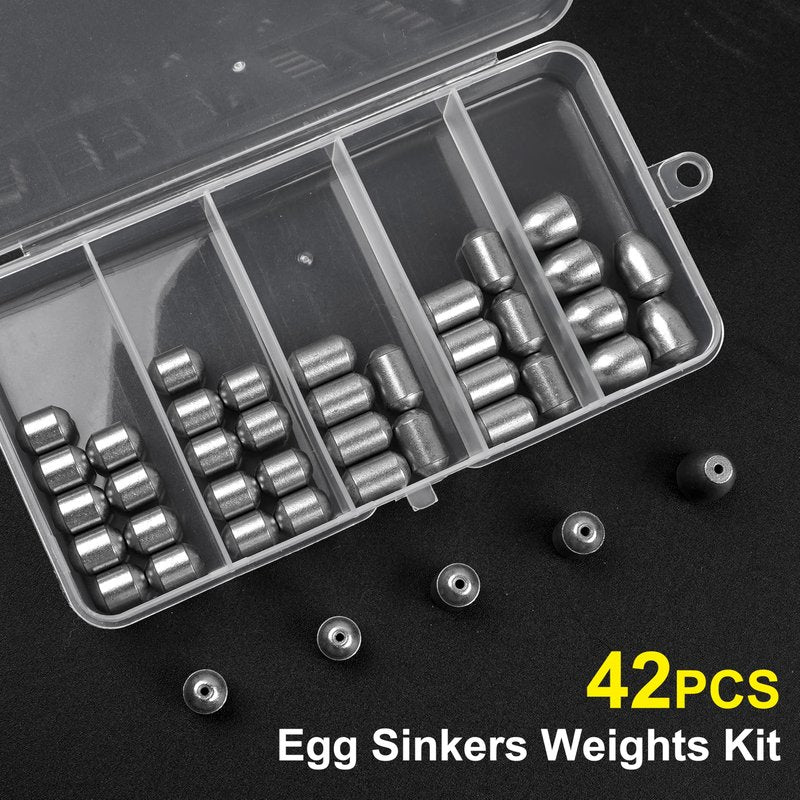 Fishing Weights Egg Sinkers Kit,42pcs Lead Free Fishing Weights Slip Sinkers for Fishing Lines Steel Barrel Weights for Freshwater Saltwater Bass Trout Walleye Fishing