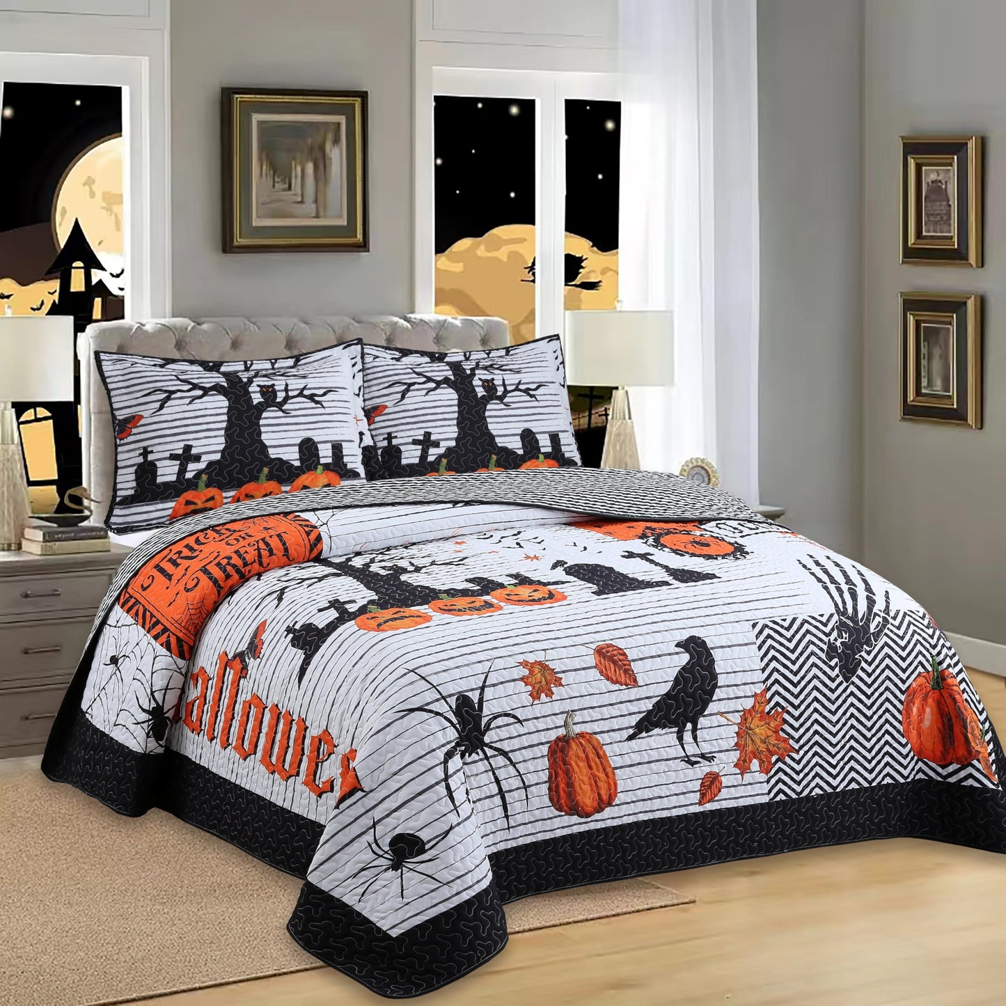 MarCielo 3 Pcs Halloween Quilt Bedspread Set Crows Pumpkins & Ghosts Spooky Comforter Set (Halloween Black, King)