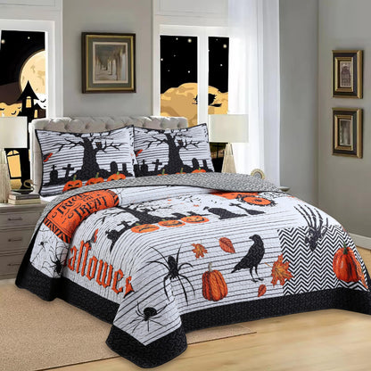 MarCielo 3 Pcs Halloween Quilt Bedspread Set Crows Pumpkins & Ghosts Spooky Comforter Set (Halloween Black, King)