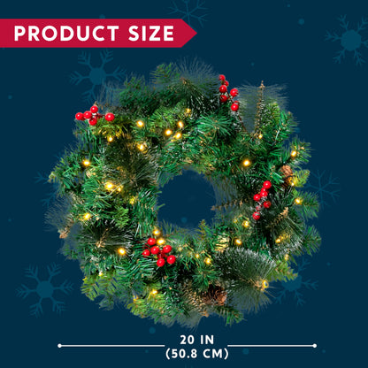 Joiedomi 20” Artificial Christmas Wreath Prelit with 15” Hanger, Decorated with 50 LED Lights, Red Berries, Pine Cones Glitter Pine Needles for Front Door Wall Christmas Decorations (Battery Operated)
