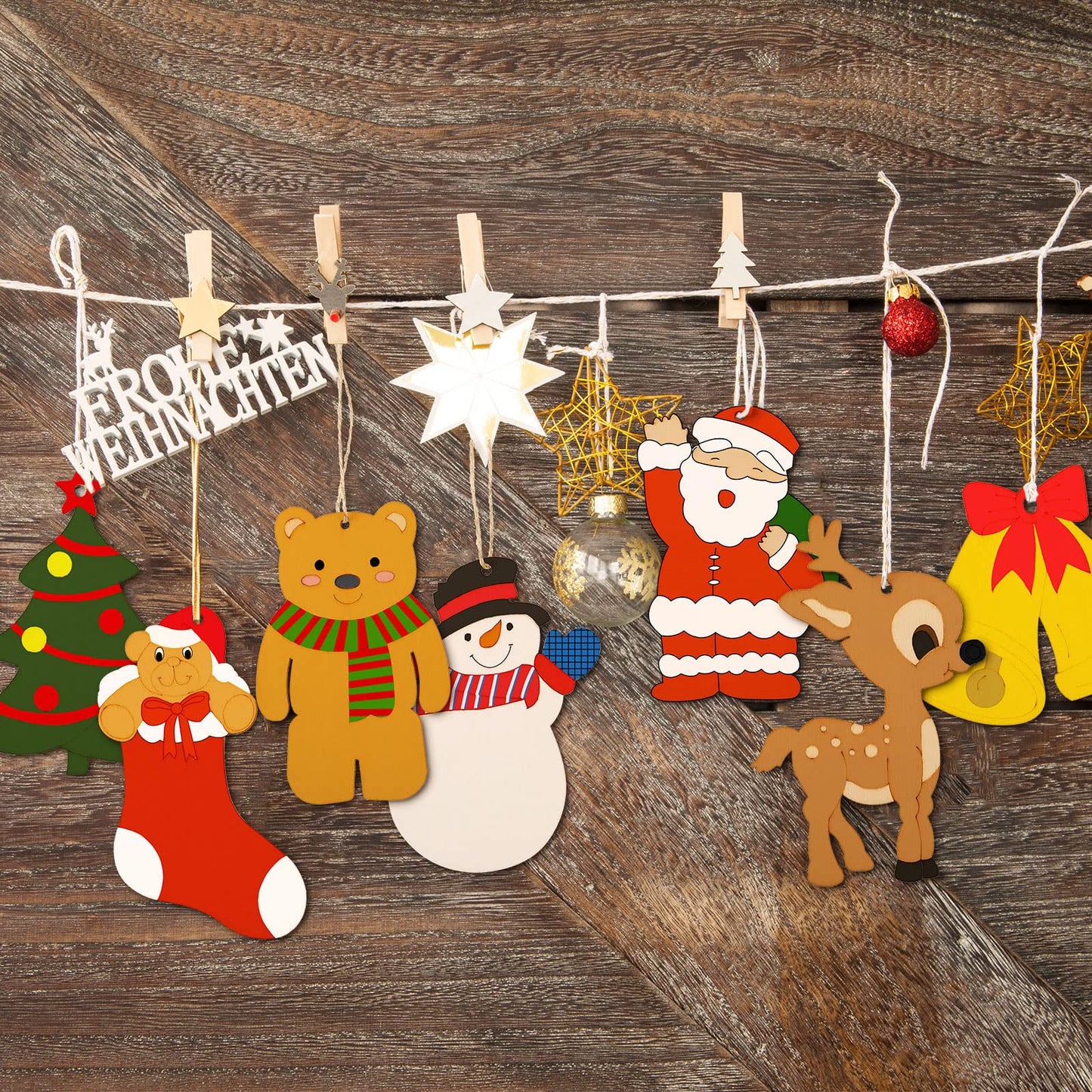 WILLBOND 60 Pieces DIY Unfinished Wooden Christmas Ornaments Wood Paintable Christmas Ornaments to Paint Holiday Hanging Ceramic Decorations with Rope for Embellishments Crafts Centerpieces