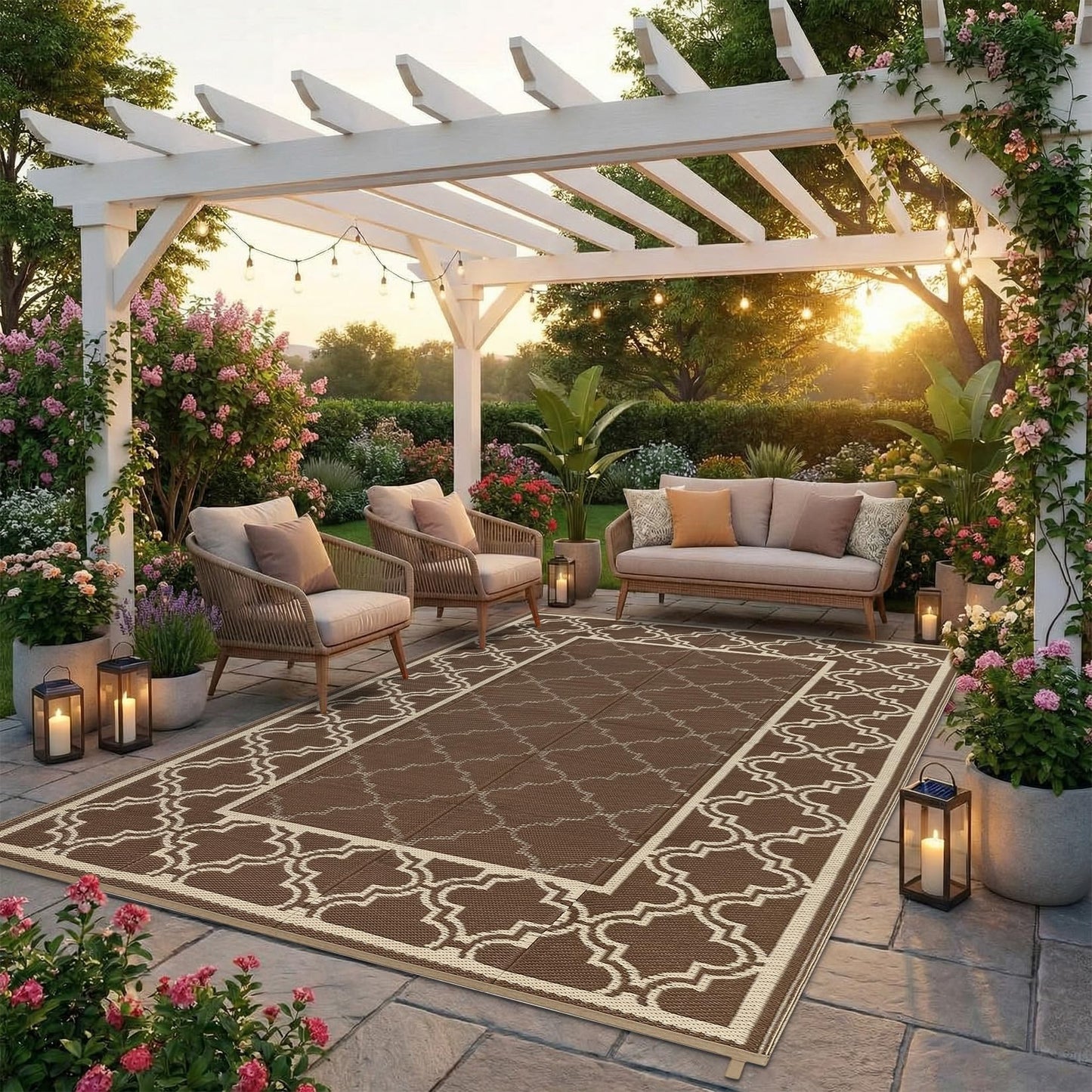 Garvee Reversible Outdoor Rug 9x12, Waterproof Outdoor Plastic Straw Rug with Interlacing Pattern, RV Mat for Picnics, Patio, Camping, Balcony, Deck, Backyard, Porch, Brown