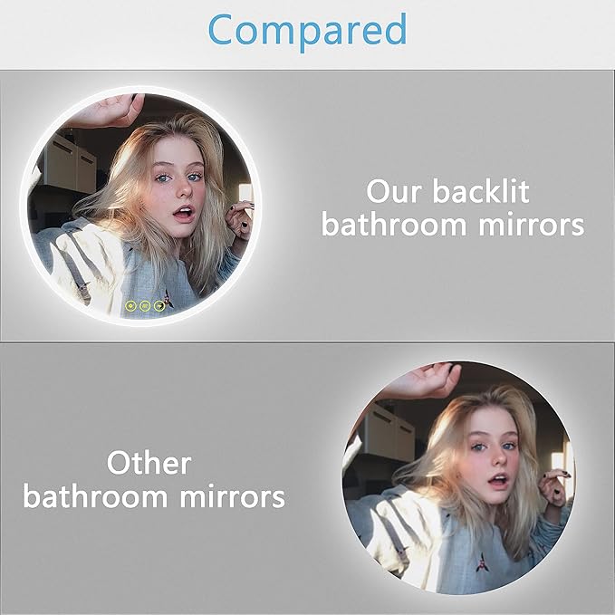 OKISS Wall-Mounted LED Round Bathroom Mirror, Makeup Mirror (28 inches x 28 inches,) 3 Color Stepless Dimmable Memory Bathroom Vanity Mirror with Lights CRI90+ 3000-6400K Smart Mirror with Touch