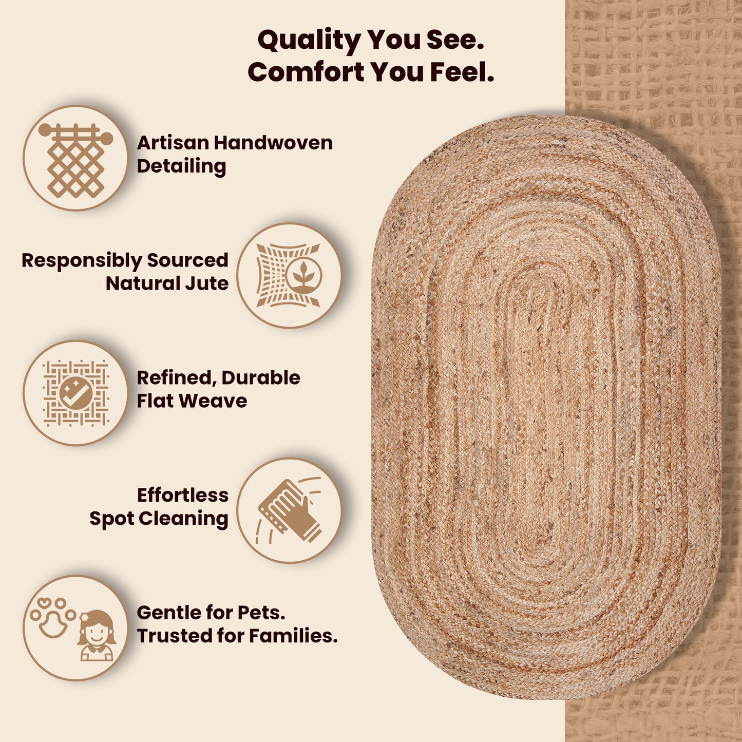 Craft Trade Oval Jute Area Rug for Living Room Bedroom Outdoor Boho Small Hallway Indoor Braided Woven Reversible Sisal Rugs 2x3 Ft Natural