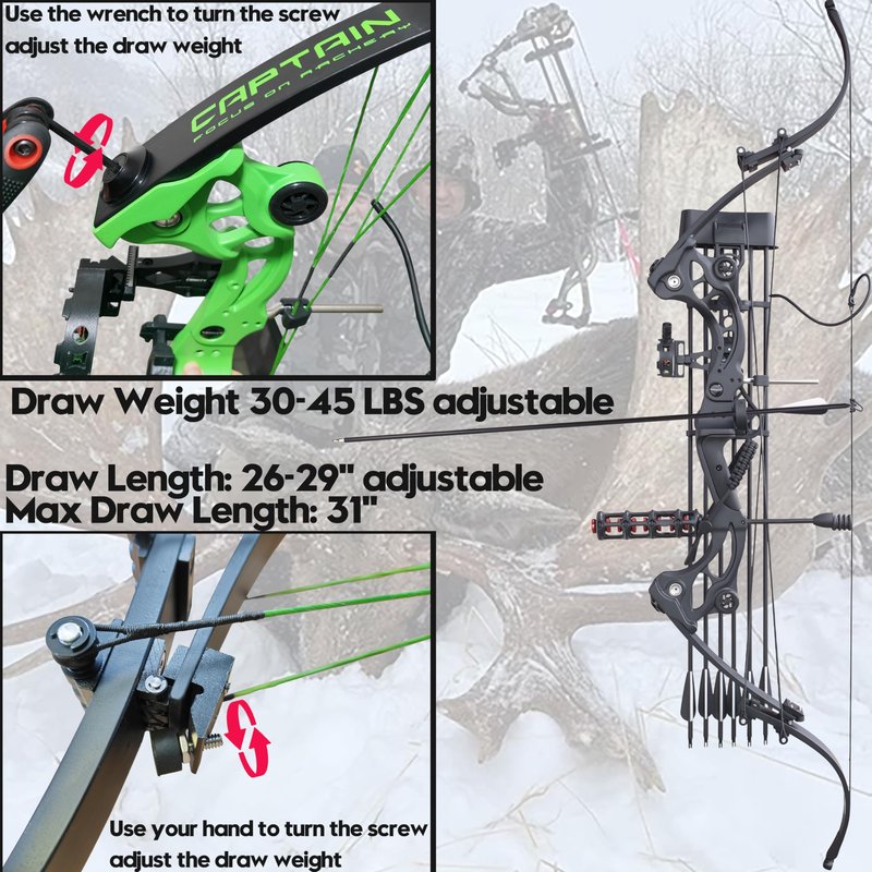 Archery Recurve Bow 30-45 Lbs Adjustable American Hunting Bow Compound Bow for Outdoor Hunting Shooting Fishing Right Hand (Black)