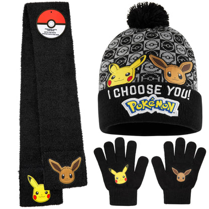 Pokemon Boys 3 Pcs Beanie, Gloves, and Scarf Set, Ages 5–12, Winter Accessories, Pikachu, Eevee, Cozy Gifts for Boys (6-14 Years, Black, 3 Pcs)