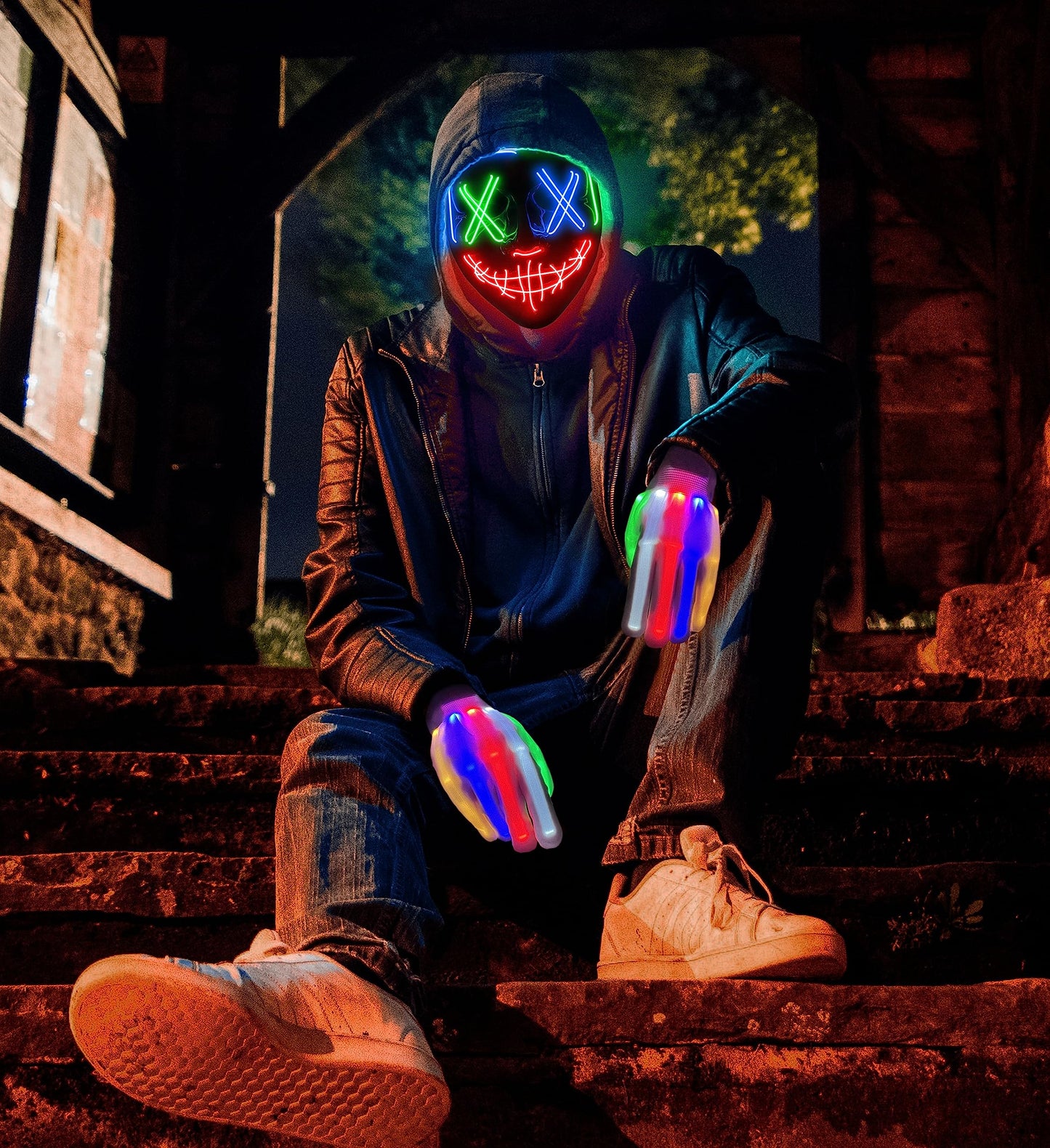 Halloween Mask Skeleton Gloves Set, Light Up Scary LED Mask with Glow Gloves, Halloween Costumes for Boys Girls, Redbluegreen